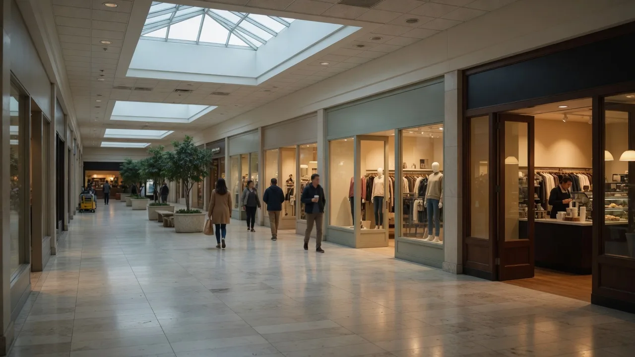 A shopping-center concourse with storefronts open for business